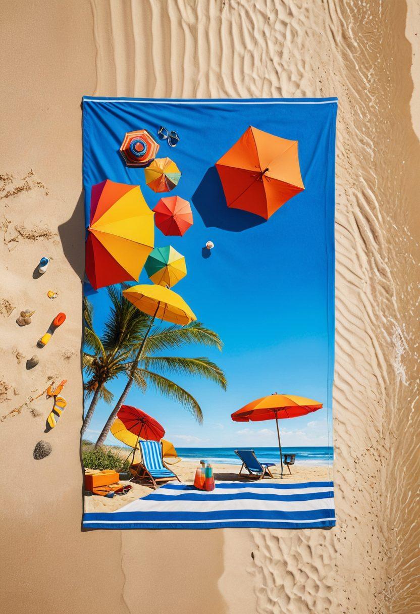 A colorful sandy beach scene featuring a stylish beach towel, a vibrant beach umbrella, and assorted camping supplies like a portable grill and hiking gear. In the background, picturesque blue waves and a clear sky create a lively atmosphere, while a family enjoys their beach day with laughter. Elements of fun and adventure are highlighted. super-realistic. vibrant colors. sunny day.