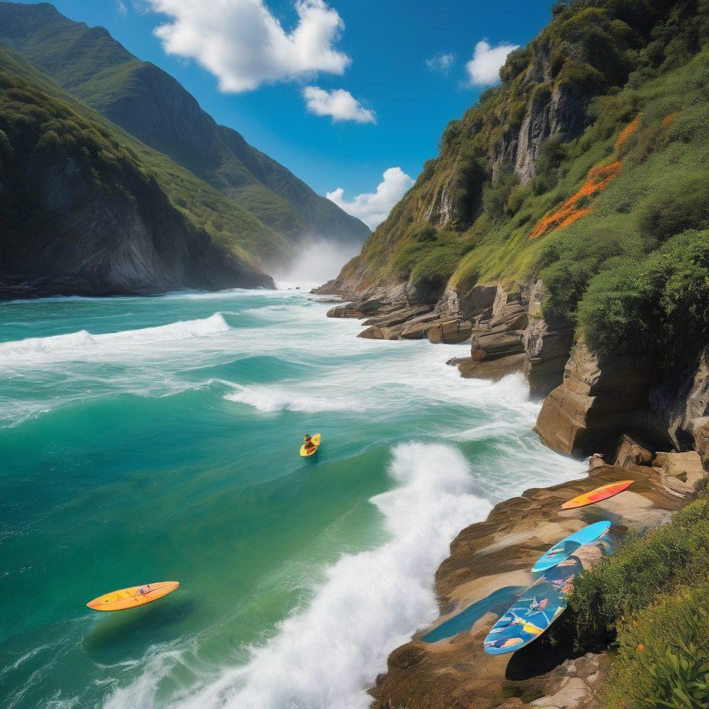 A dynamic scene depicting a vibrant summer day where surfers ride crashing waves on one side and adventurous hikers trek up a lush green mountain on the other. In the foreground, a collection of stylish swimwear displayed creatively, blending seamlessly with hiking gear against a bright blue sky. The landscape should have a sunny, inviting vibe with rich colors and playful energy. The image conveys the essence of summer transformation and adventure. super-realistic. vibrant colors. panoramic view.